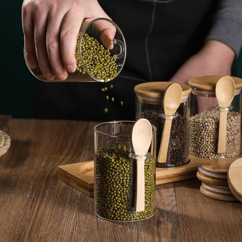 Vista 3 de Recipiente de Vidrio para Almacenamiento de Especias con Cuchara, 3 Frascos Herméticos de 20oz para Condimentos con Bandeja, Juego de Recipientes