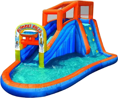 Vista 10 de BANZAI Parque acuático inflable con tobogán y piscina 180 x 156 x 96 pulgadas, vinilo Dura-Tech, pared de escalada, aro de baloncesto y porterías