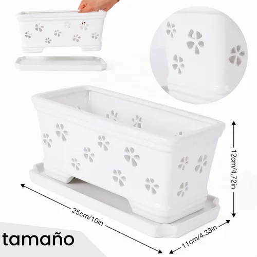 Vista 2 de Maceta rectangular de cerámica para orquídeas de 10 pulgadas con agujeros y platillo, color blanco, drenaje efectivo y ventilación para orquídeas