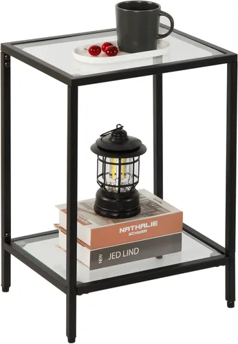 Vista 7 de Gawicpy Moderna mesa auxiliar de vidrio templado de 2 niveles, elegante mesa auxiliar de metal negro para espacios pequeños, perfecta para sala