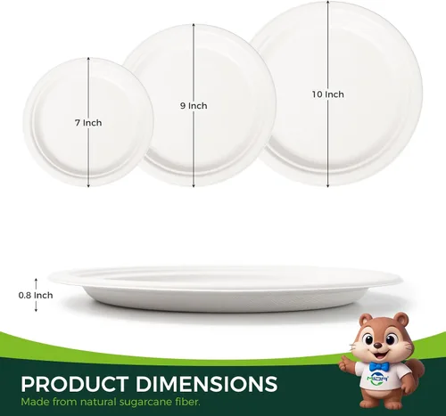 Vista 2 de Platos 100% compostables, 125 platos desechables de alta resistencia de 10 pulgadas hechos de bagazo, ecológicos y sostenibles