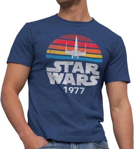 Vista 6 de STAR WARS 1977 Distressed Logo Rainbow X-Wing - Camiseta para hombre Negro