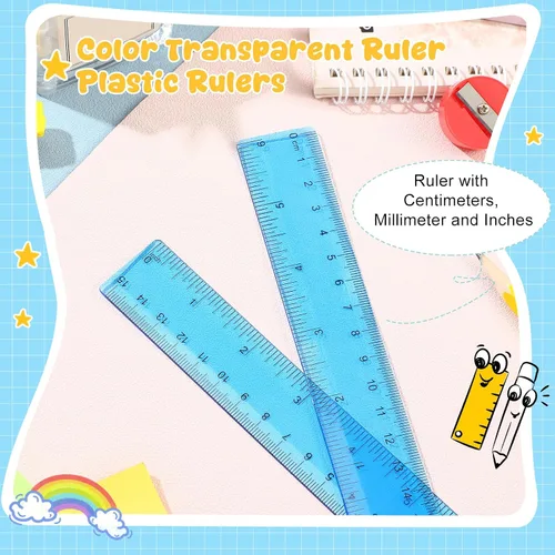 Vista 4 de EBOOT Paquete de 2 reglas de plástico rectas, herramienta de medición de plástico para la oficina escolar de estudiantes, color azul, 6 pulgadas