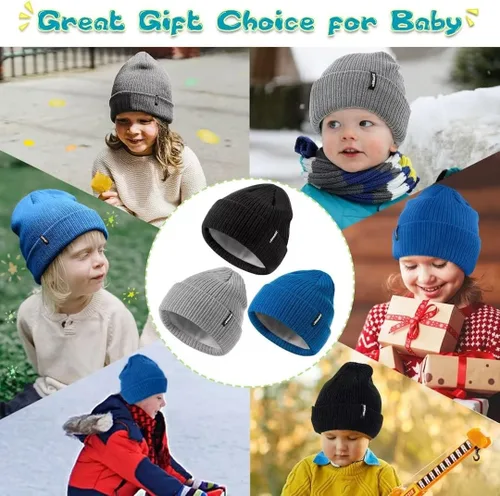 Vista 7 de ZUPPAD Baby Beanie Hat 3 Packs Toddler Girls Boys Baby Hats Winter Warm Knitted Thermal with Fleece Lining Kids Winter Hat