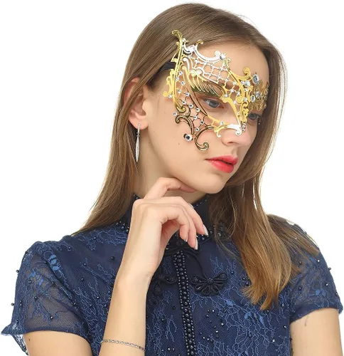 Vista 2 de Máscara de mascarada para mujer, con diamantes de imitación brillantes, veneciana, fiesta, baile de graduación, máscara de metal (media cara dorada)