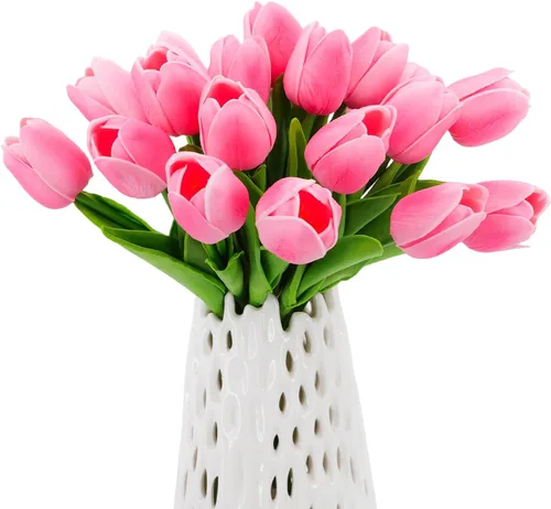 Vista 16 de 30 tulipanes reales al tacto, flores de poliuretano, tulipanes artificiales para arreglos de boda, fiesta, Pascua, primavera, hogar, comedor, Rosa