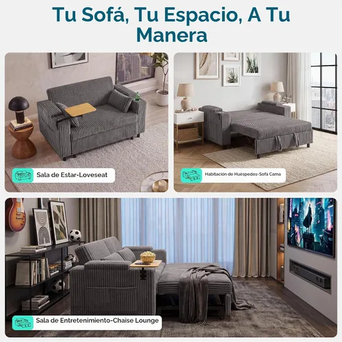 Vista 9 de LINSY HOME Sofá cama extraíble 3 en 1, sofá cama convertible de 58 pulgadas para sala de estar, mesa giratoria de 360°, reposabrazos de Gris