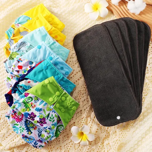 Vista 5 de Pañales de tela, paquete de 6 con 6 rellenos y 1 bolsa para artículos húmedos, funda impermeable, lavable, reutilizable y de bolsillo ajustable