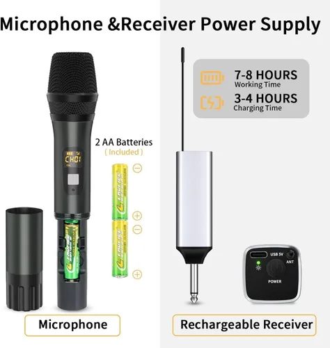 Vista 4 de Micrófono inalámbrico, sistema de micrófono dinámico inalámbrico de metal dual UHF de mano con receptor recargable, rango de 200 pies, para karaoke