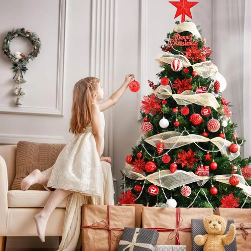 Vista 8 de Ktinnead Juego de 94 piezas de decoración para árbol de Navidad, adornos rojos inastillables para colgar en el árbol de Navidad con flores de pascua