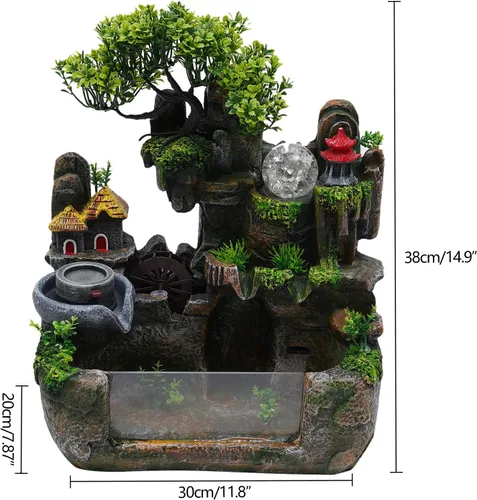Vista 7 de Fuente de agua de mesa, mini fuente de cascada silenciosa con luces LED coloridas y atomizador, silenciosa rocalla de escritorio para relajación