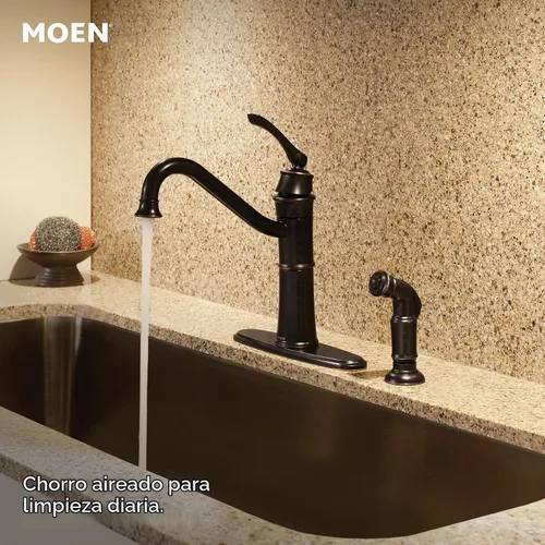 Vista 4 de Moen Wetherly 87999BRB - Grifo de cocina de arco alto de bronce mediterráneo con rociador lateral, 87999BRB