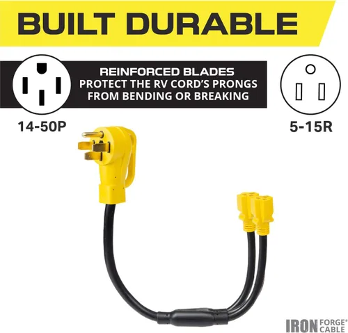 Vista 3 de Cable Iron Forge de 50 amperios a 15 Amp RV Y adaptador, 14-50P a 2X 5-15R, STW