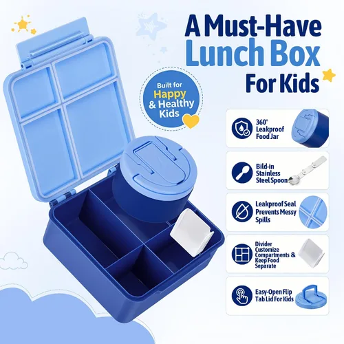 Vista 3 de MAXSO Set de Lonchera Bento con Termo para Sopa de 8 oz, Envase para Alimentos Calientes con 4 Compartimentos a Prueba de Fugas para Niños con Taza
