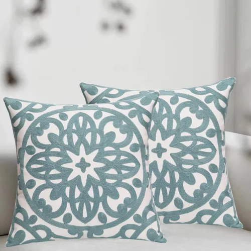 Vista 3 de Juego de 2 fundas de almohada decorativas bordadas, estilo bohemio, lona de algodón, para patio, sofá, sala de estar, 18 x 18 pulgadas
