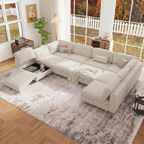 Vista 21 de 95.5" Sofá seccional modular de chenilla con almacenamiento oculto, sofá cama convertible en forma de L y U, sofá seccional moderno de 6 plazas