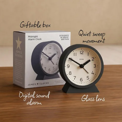 Vista 3 de JONES CLOCKS Mini reloj despertador Midnight Diseño contemporáneo Negro Elegante, compacto y funcional para mesita de noche, escritorio