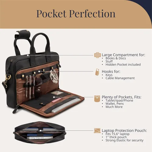 Vista 5 de Luxorro Maletín de cuero de grano completo para hombre, bolsa para laptop con compartimento de cuero para computadora