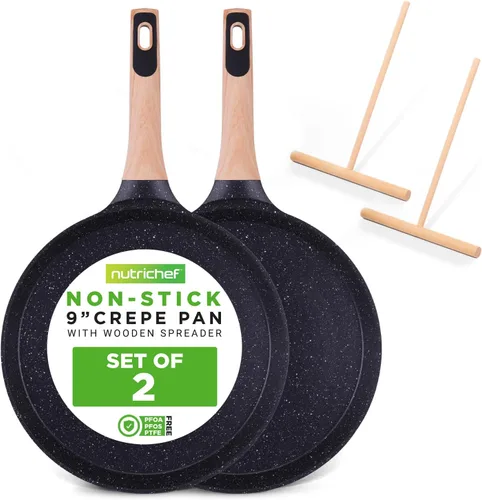 Vista 11 de NutriChef - Sartén para crepes de 24 cm (9.45 pulgadas) antiadherente con esparcidora de madera, sartén Dosa de mármol recubierto duradero, mango