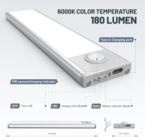 Vista 5 de Paquete de 6 luces inalámbricas para debajo del gabinete, 32 luces LED recargables con sensor de movimiento para interiores, luces magnéticas