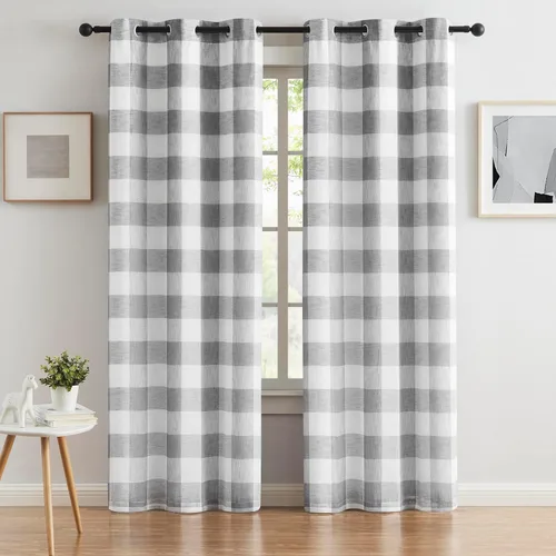 Vista 14 de Cortinas cortas de lino texturizado con diseño de búfalo blanco y negro a cuadros, 100% opacas con forro, paneles de estilo granja