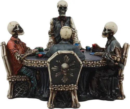 Vista 4 de Ebros Gambling Casino Poker for Eternity Skeleton Dealer with Players at Table Figurine 6.25" Long Osario Macabra Halloween Escultura decorativa