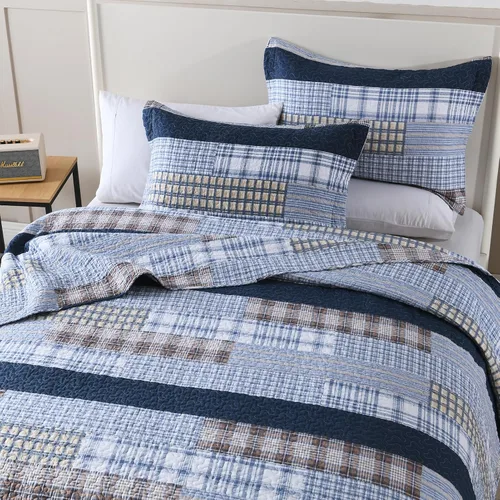 Vista 4 de Y-PLWOMEN Colcha tamaño Queen – Colcha reversible de 100% algodón a rayas estilo granja, ligera, acogedora y moderna, ropa de cama de campo para Azul