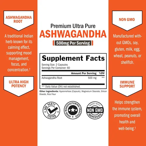 Vista 5 de BioSchwartz Ashwagandha Supplements - Cápsulas de Ashwagandha extra fuertes de 500 mg por porción, sin gluten, sin OMG, fabricadas en los Estados