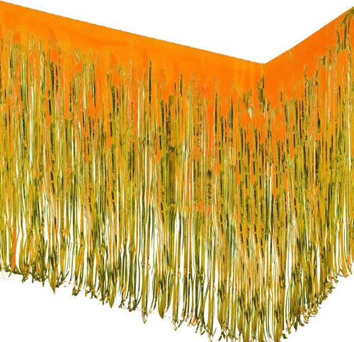 Vista 7 de allgala Faldones de mesa de oropel negro, paquete de 2 faldas de mesa de 29 x 108 pulgadas con flecos metálicos para fiestas, eventos, desfiles
