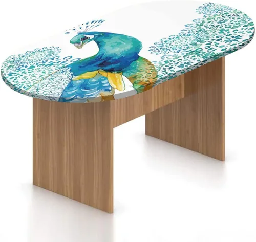 Vista 23 de XISUNYA Mantel ovalado ajustable de poliéster elástico de pavo real, con estampado de fotos y plumas coloridas, se adapta a mesas ovaladas de hasta