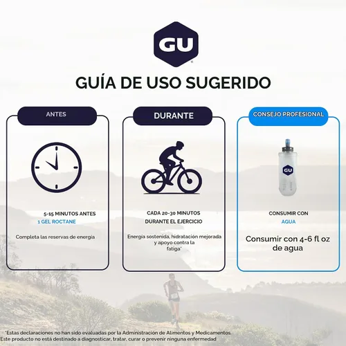 Vista 5 de GU Energy Roctane Ultra Endurance Gel Energizante, Vegano, Sin Gluten, Kosher y Sin Lácteos, Nutrición Deportiva Para Correr, Andar en Bicicleta