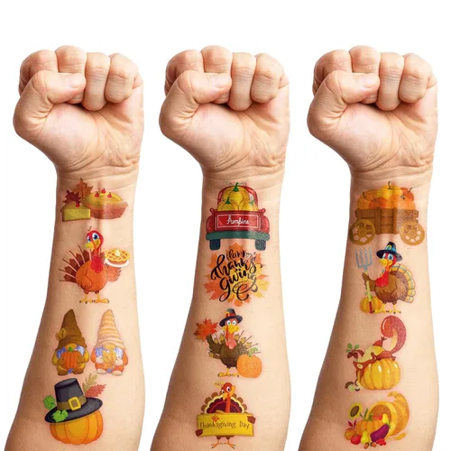 Vista 5 de Tatuajes temporales de Feliz Acción de Gracias, Hola Otoño Otoño Decoración de Fiesta de Cumpleaños Suministros Favores Decoración 96 Piezas Lindas