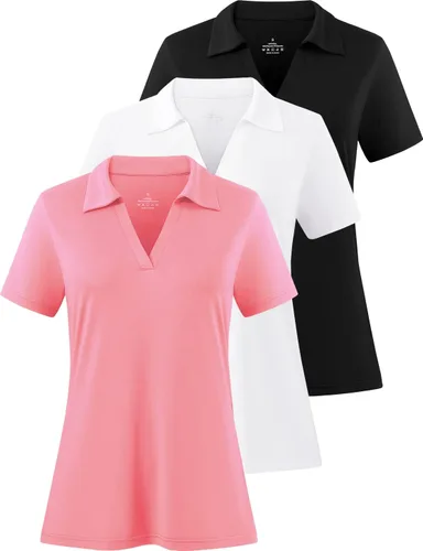 Vista 8 de Camisas polo con cuello en V para mujer, manga corta, cuello de golf Negro/Blanco/Gris