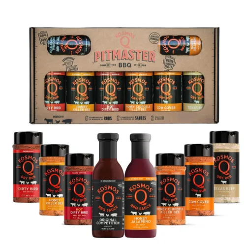 Vista 5 de Kosmos Q BBQ Box, Original Competition Barbecue Sauce Plus Dirty Bird & Honey KB Dry Rubs, Gift Set for Smoking & Grilling Chicken, Ribs, Pulled