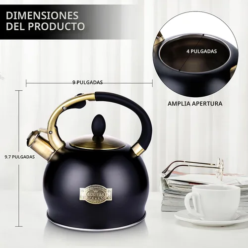 Vista 6 de SUSTEAS Tetera Silbante para Estufa - Tetera de Té de Acero Inoxidable Grado Alimenticio con Mango Ergonómico de Toque Frío, Con 1 Guante de Negro