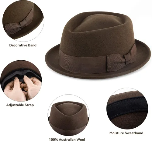 Vista 3 de AKIO&AQUIRAX Sombreros Fedora para hombres y mujeres, 100% lana australiana, sombrero Fedora para hombre con ala corta, fieltro clásico con correa