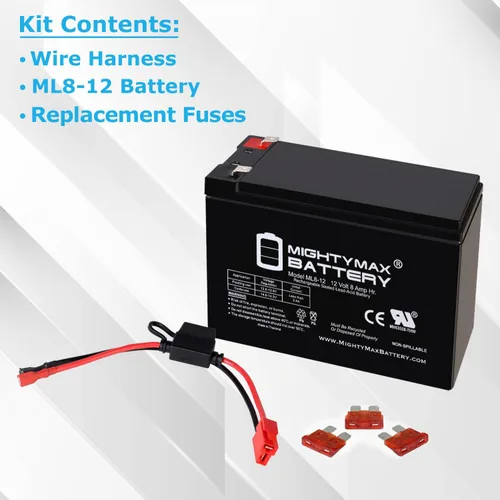 Vista 2 de Mighty Max Battery Reemplazo de caída para vehículo de paseo de 12 V con kit de batería de 8 ah y arnés con conector de 2 pines