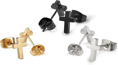 Vista 3 de FUNRUN JEWELRY Juego de aretes cruzados de acero inoxidable negro para mujer, 3 pares, Titanio Acero inoxidable Acero aleado