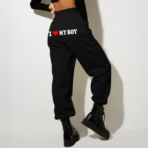 Vista 2 de I Love My Boy Pantalones deportivos de cintura alta elástica recta piernas talla grande I Love My Bf pantalones deportivos