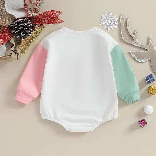 Vista 4 de Lesimsam Traje de Navidad para bebé recién nacido, con letras bordadas, mameluco de burbujas de gran tamaño, ropa de invierno