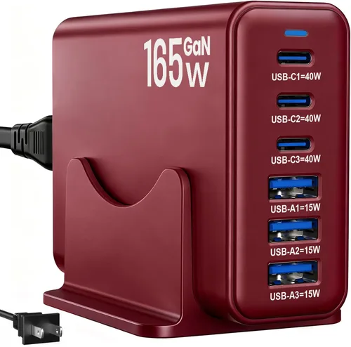 Vista 10 de Estación de carga de 165 W, cargador de escritorio de 6 puertos, 3 puertos 40 W, color negro Multi-Device Charger, 3 PD USB C 40W and 3 15W USB A