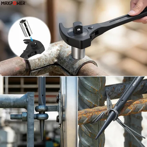 Vista 6 de MAXPOWER Llave de trinquete de andamio de accionamiento de 1/2" y 3/4", llave de podger con martillo de garra, palanca de palanca, barra de palanca