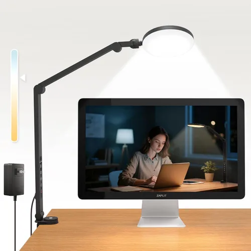 Vista 10 de Lámpara de escritorio LED de 10 W con abrazadera y brazo ajustable para oficina en casa, control táctil, luz de cuidado ocular para lectura con 5