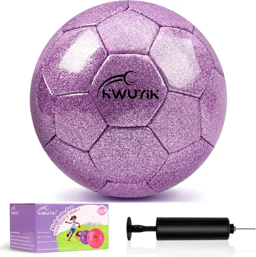 Vista 11 de Balón de fútbol de talla 3, 4, 5, con purpurina rosa, dorado, morado, con bomba, pelota de fútbol juvenil para niños pequeños, balón de fútbol