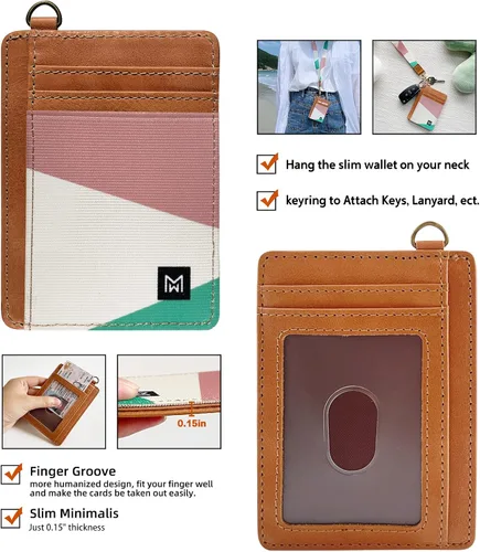 Vista 2 de Cartera delgada minimalista con bloqueo RFID, de cuero, con bolsillo frontal elástico, para mujer, Geometry, Minimalista