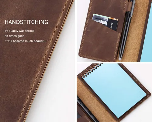 Vista 4 de Funda de cuero para cuaderno de bolsillo de 3.5 x 5.5 pulgadas con lazo para bolígrafo, funda de cuero compatible con Rocketbook Notebook