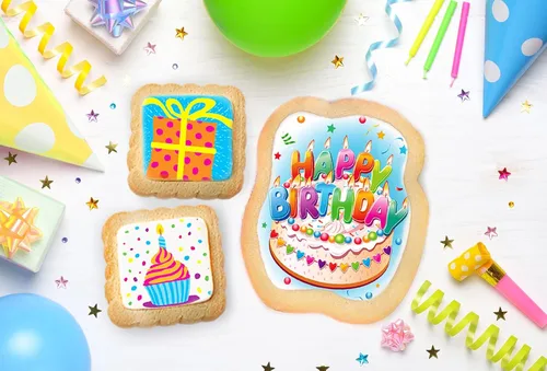 Vista 3 de Cesta de regalo de galletas de feliz cumpleaños para hombres, mujeres, niños, niños, caja de regalo de galletas de azúcar decorada sin nueces