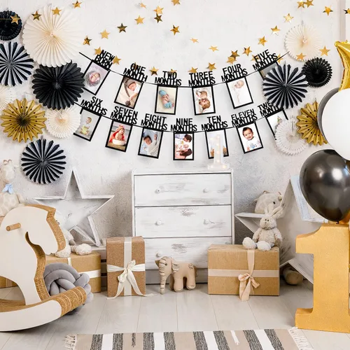 Vista 7 de Whaline Cartel de fotos de bebé de primer cumpleaños para recién nacidos a 12 meses, guirnalda de fotos de hitos mensuales, decoración de Negro