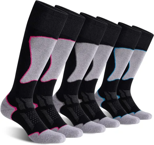 Vista 12 de CS CELERSPORT Calcetines de esquí de lana merino para snowboard para mujer Negro Gris Oscuro + Gris