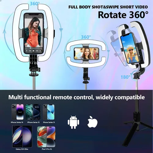 Vista 6 de Luz plegable para selfie con soporte, soporte extensible de 54 pulgadas para teléfono con luces LED regulables y control remoto, trípode de luz